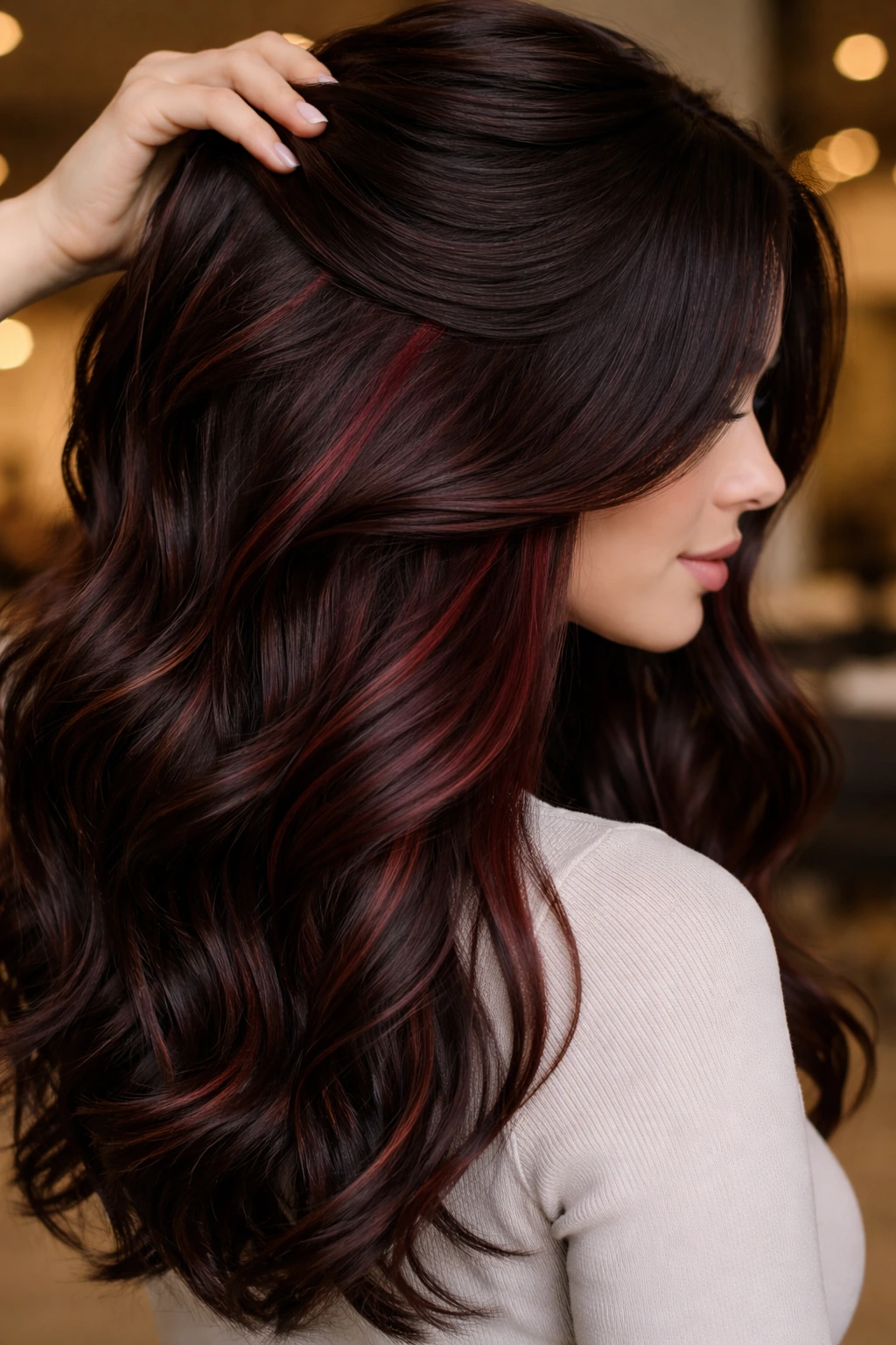 Profile of a woman with chocolate brown hair and wine underlights