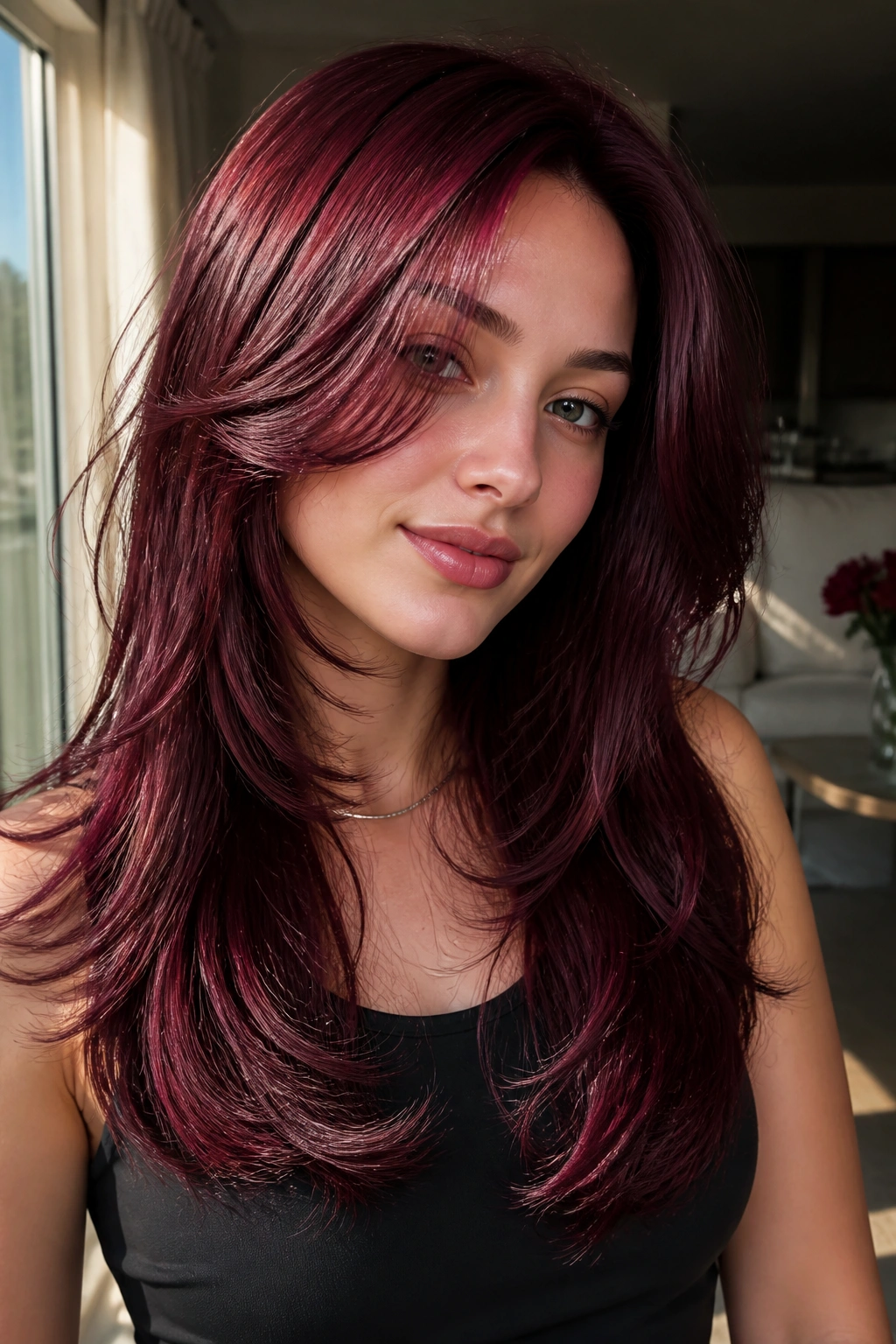 Close-up of Wineberry Layers hairstyle on a real woman