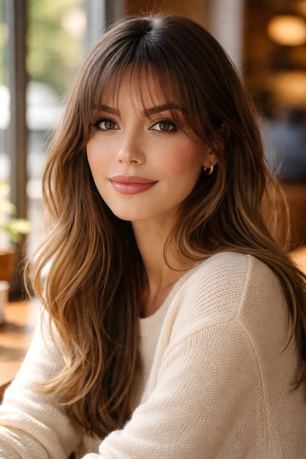 Close-up of a real woman with wispy arched fringe in warm cafe light