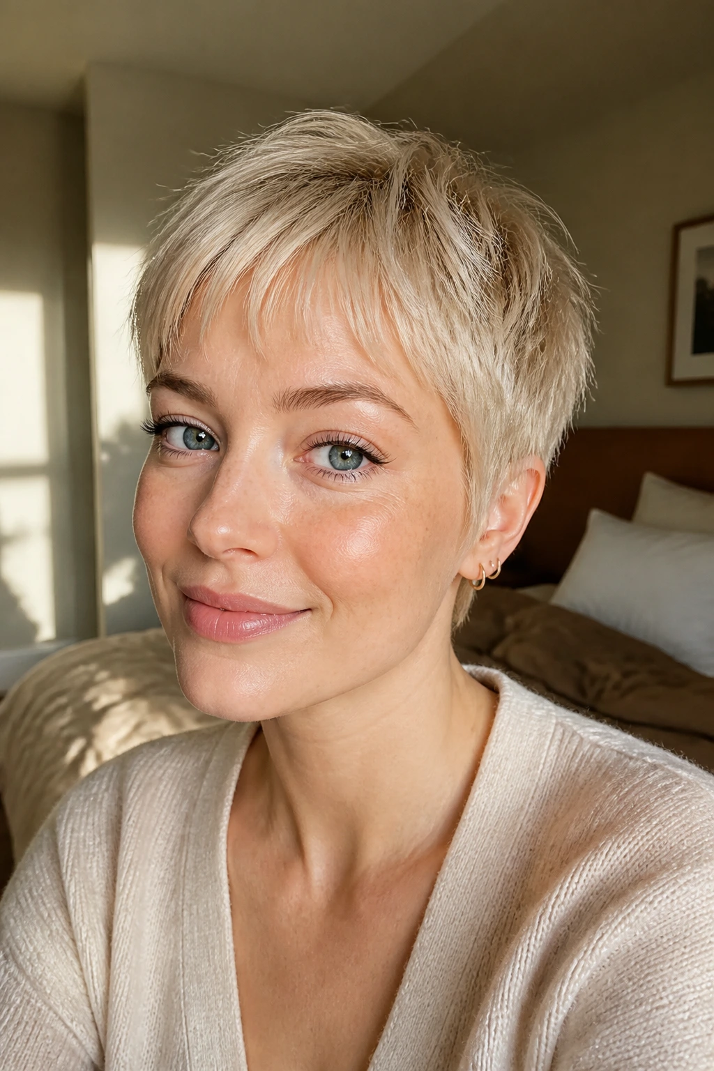 Close-up of a real woman with wispy babybang blonde pixie