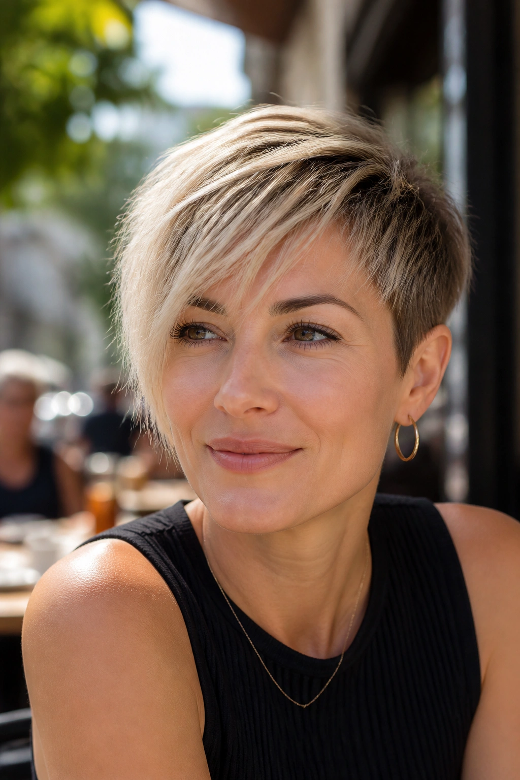 Close-up portrait of a real woman with wispy-bang asymmetrical pixie