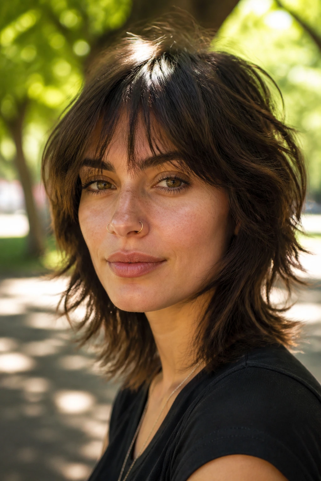 Wispy bang shag on a real brunette; close-up portrait with light front fringe and airy texture.