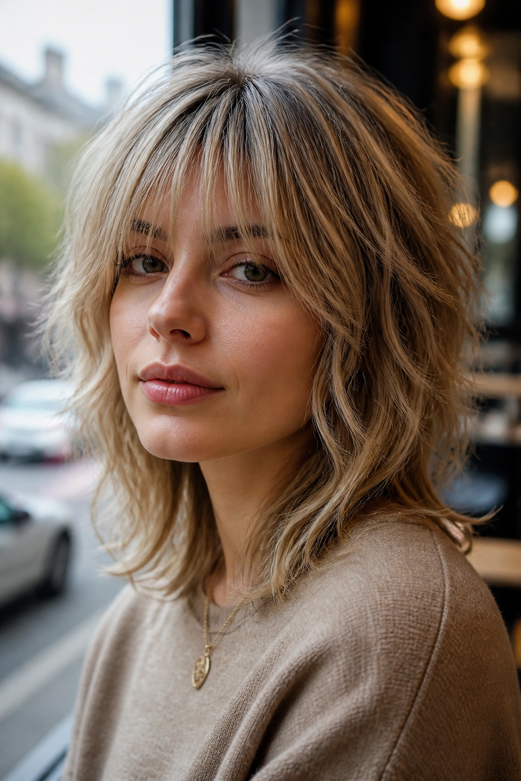 Real woman with wispy bangs shag hairstyle, close-up portrait with soft forehead reveal
