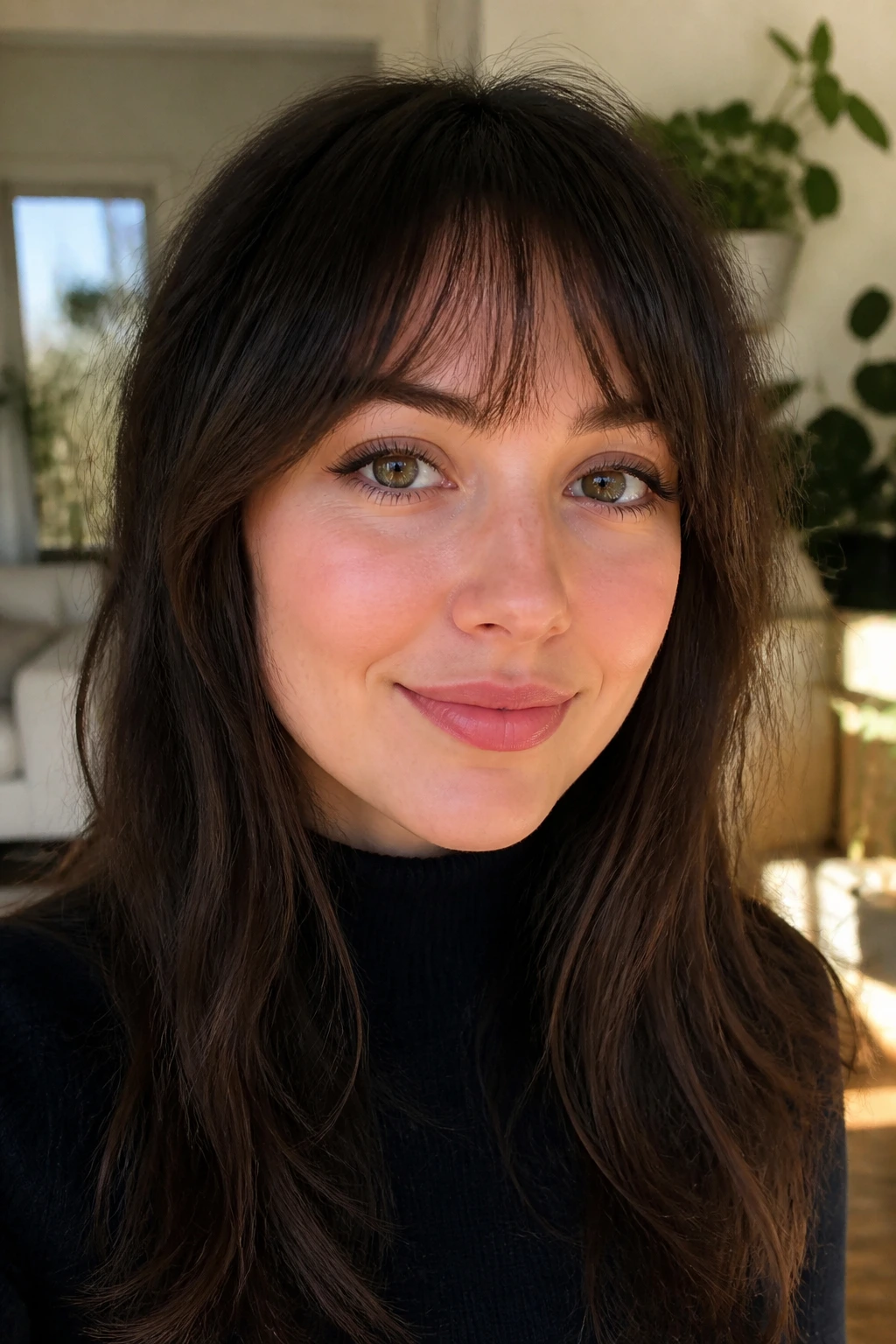 Portrait of woman with wispy bangs sitting above the brows in natural light
