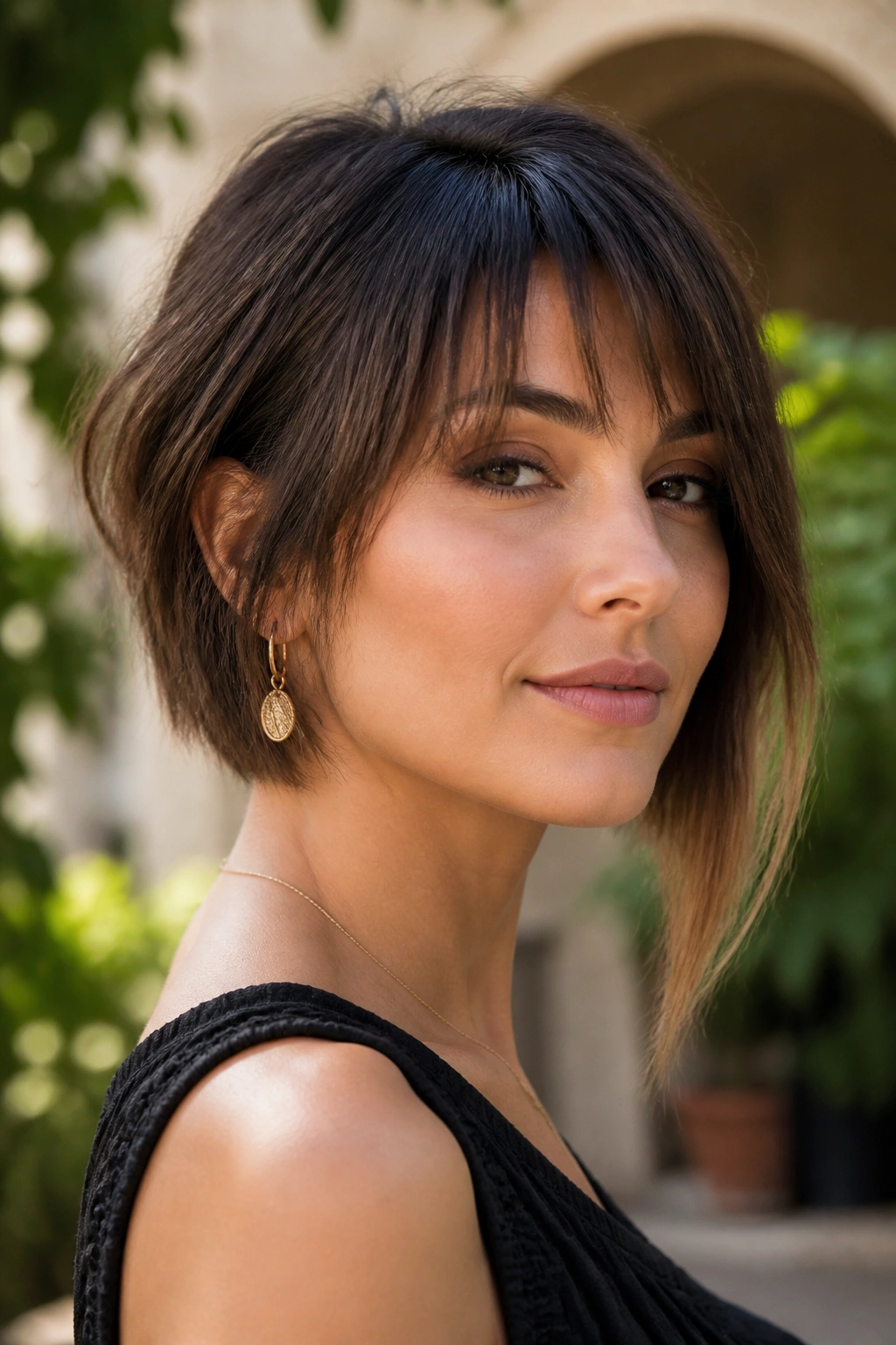 Real woman with wispy bangs and asymmetrical bob in sunlit courtyard