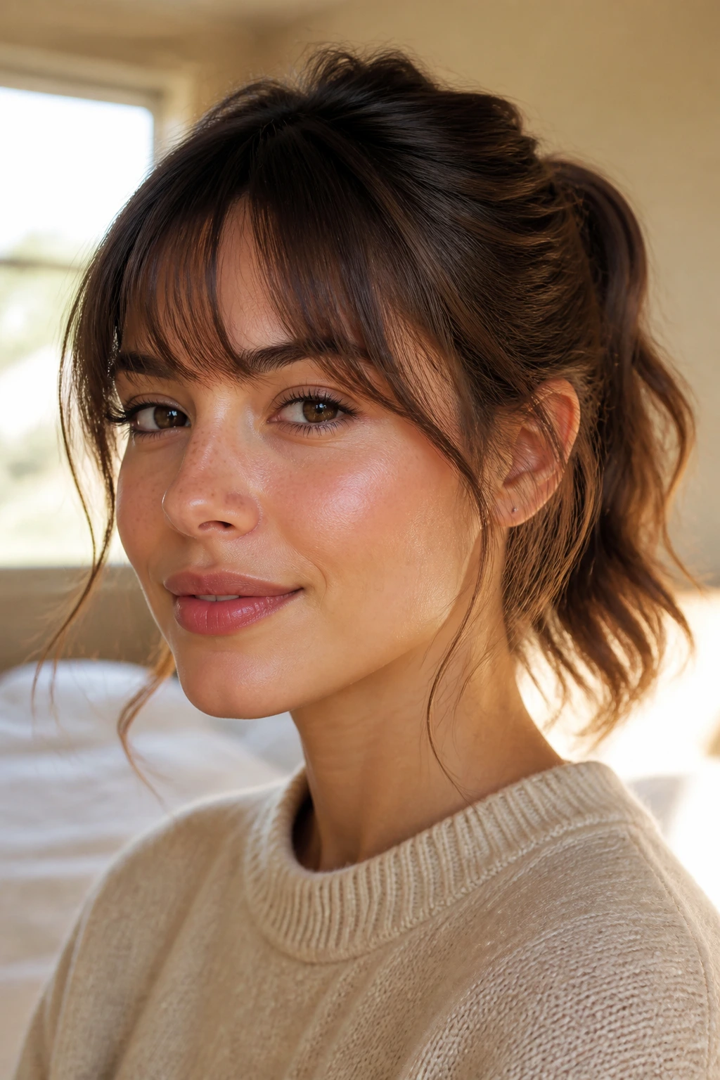 Portrait of a real woman with wispy bangs and bent ends on ponytail