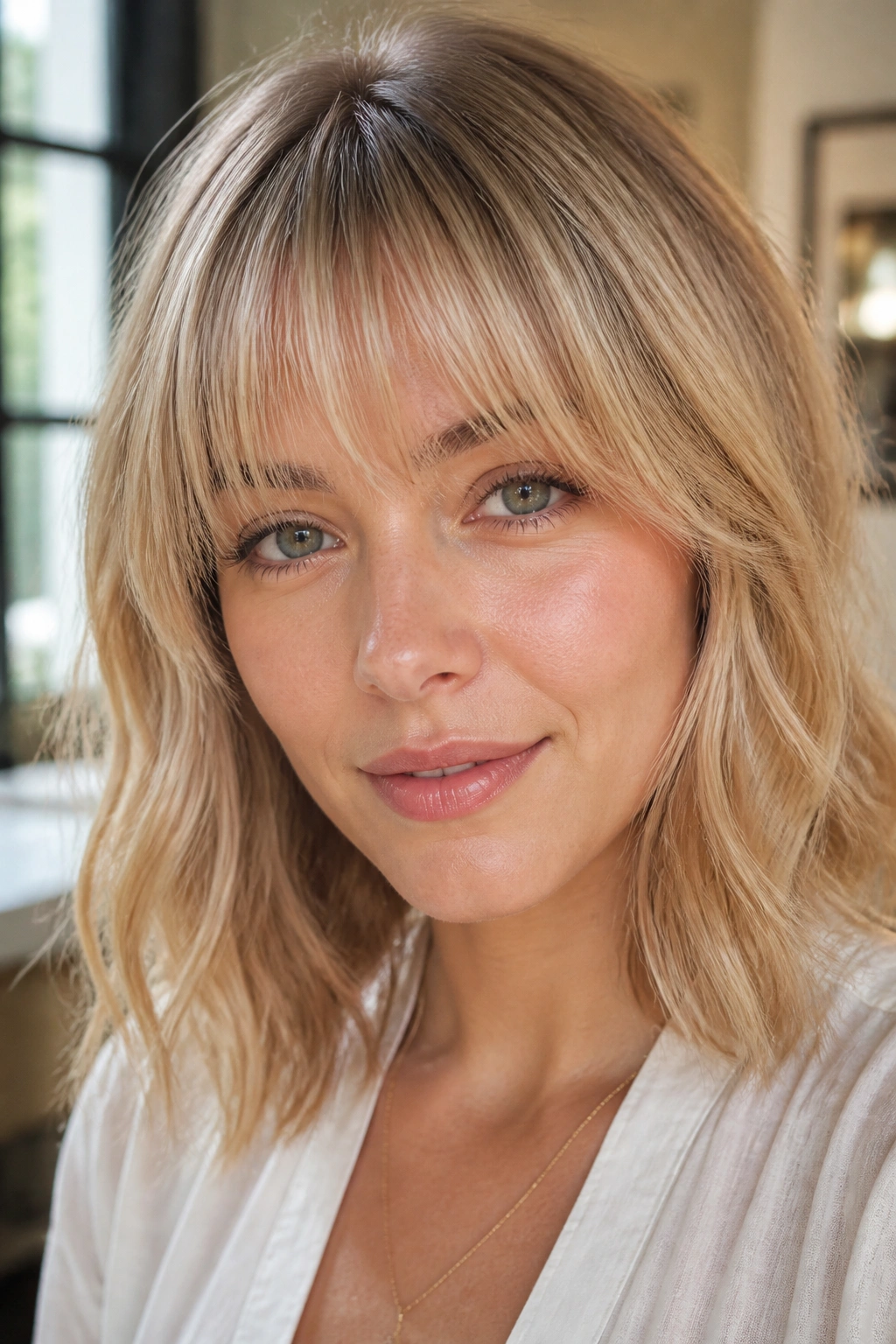 Real woman with wispy bangs grazing brows in a bright room