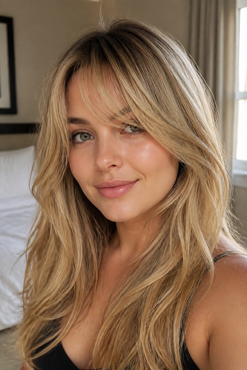 Close-up portrait of a real woman with wispy side bangs and long blonde hair in window light
