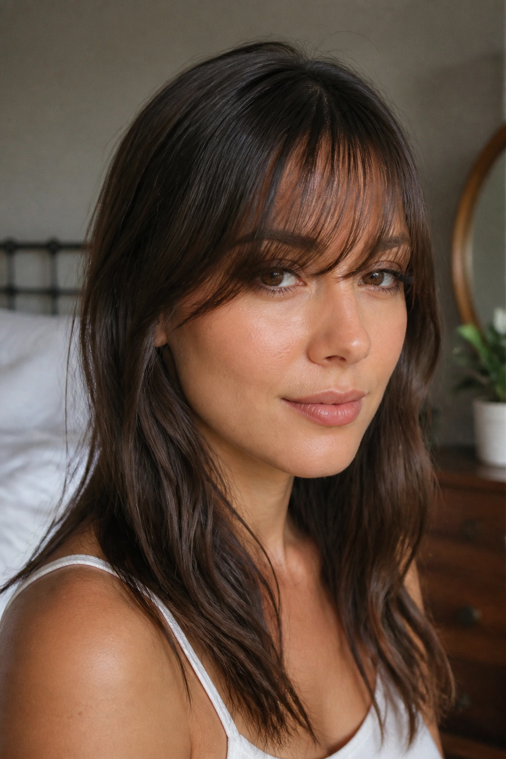 Close-up of a real woman with wispy side bangs and blunt ends.