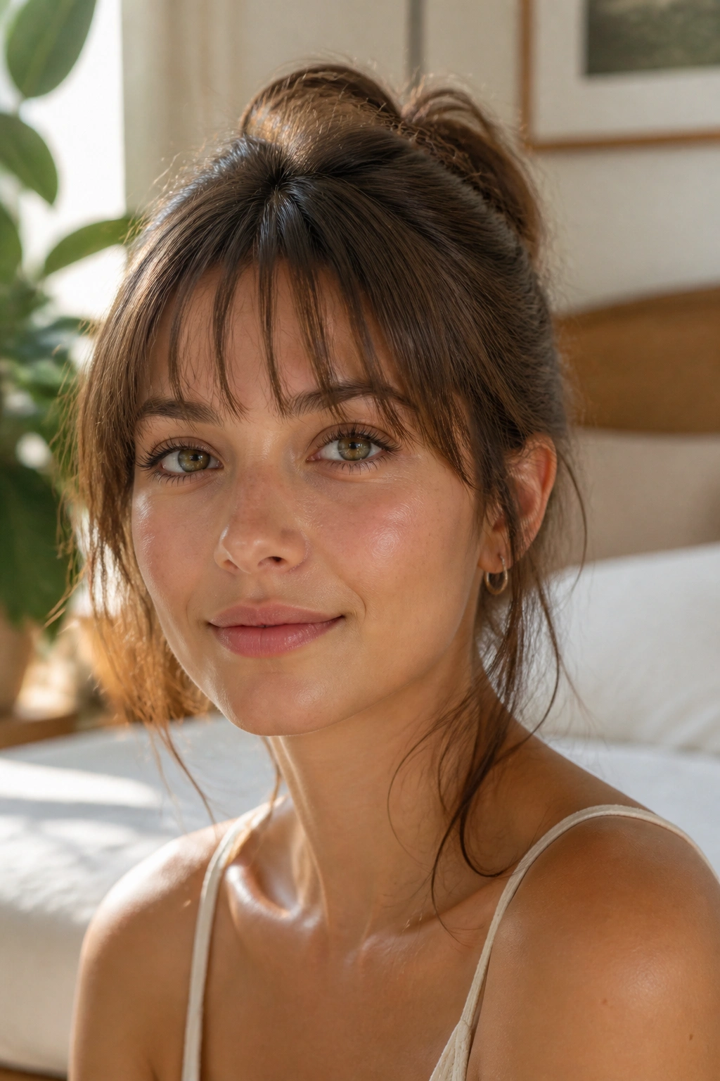 Real woman with wispy brow-skimming bangs in a sunlit room