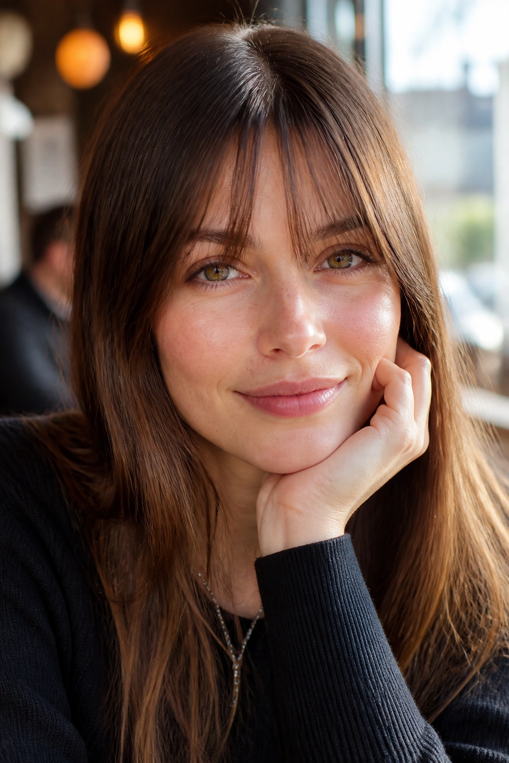 Close-up portrait of a real woman with wispy bangs and a narrow center opening