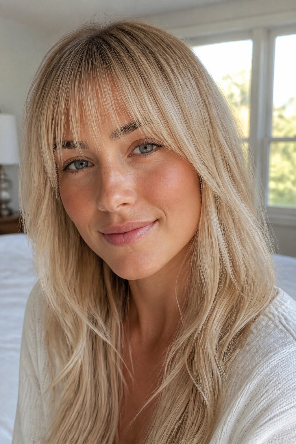 Close-up portrait of a real woman with champagne-blonde wispy eyebrow-grazing bangs