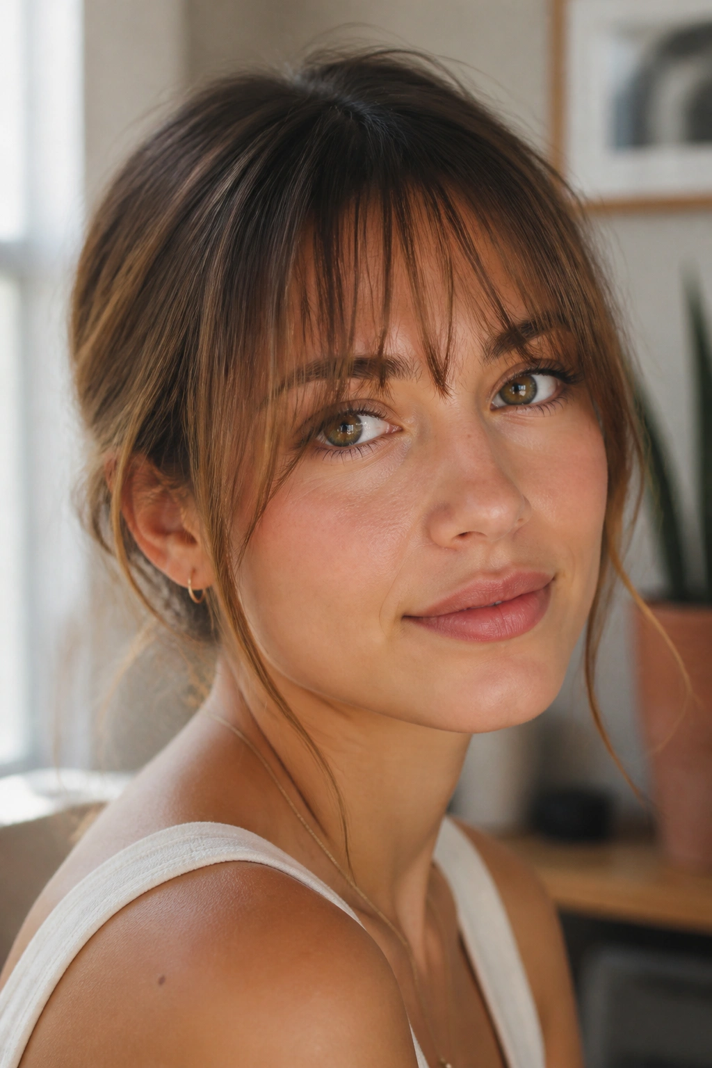 Close-up portrait of a person with wispy eyebrow-grazing bangs