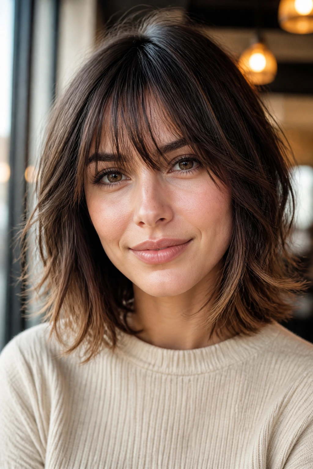 Portrait of a real woman with wispy bangs and feathered ends on a lob