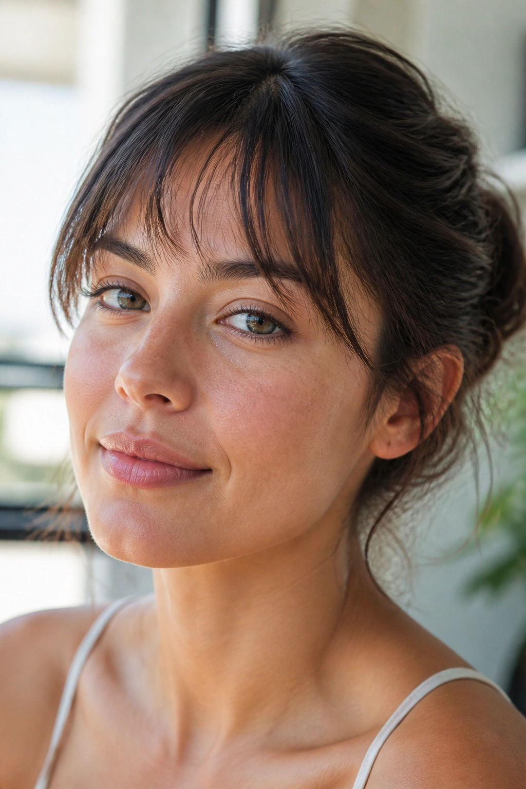 Close-up of a real person with wispy bangs keeping forehead light.