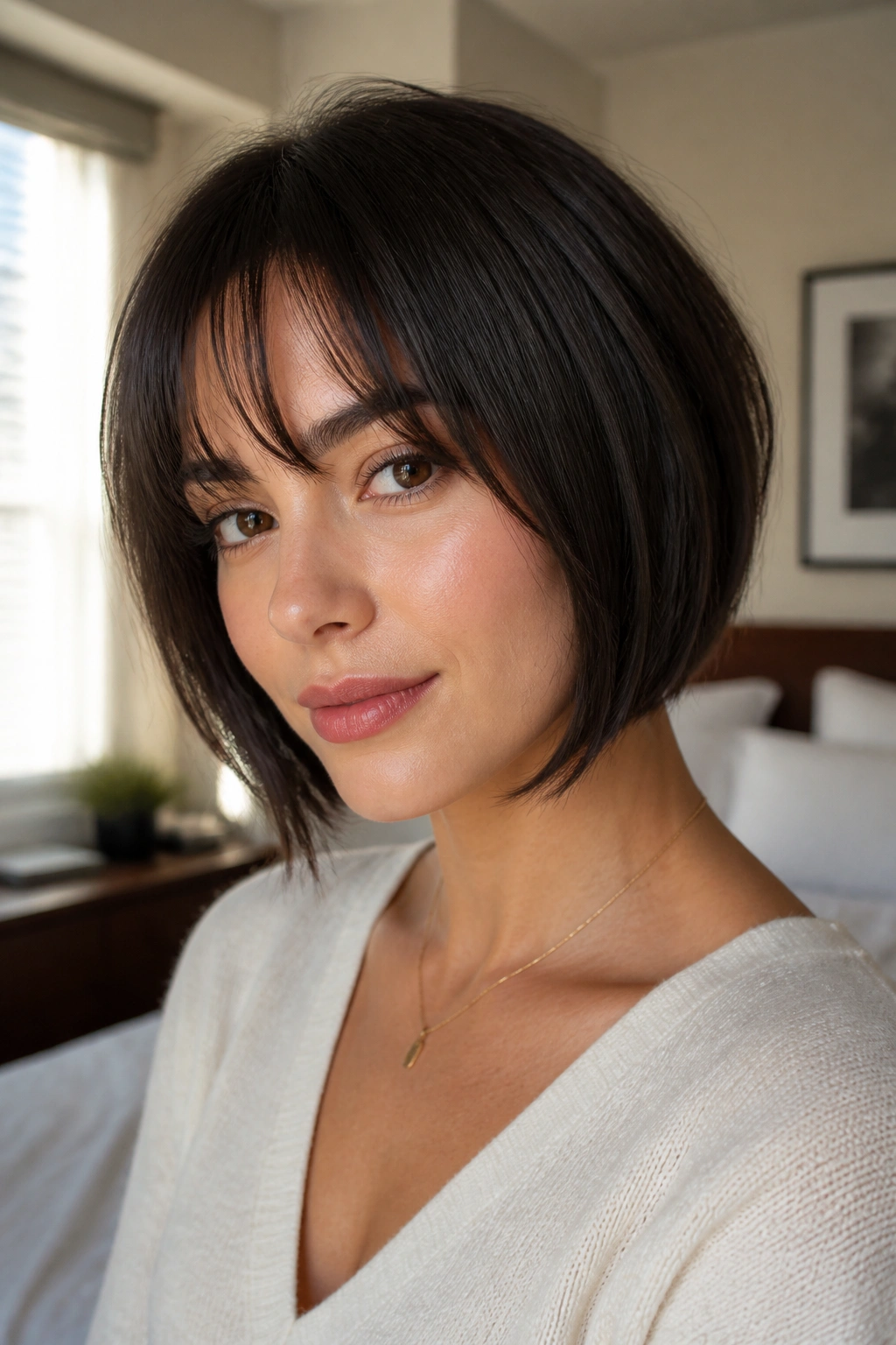 Close-up of a real woman with inverted bob and wispy bangs