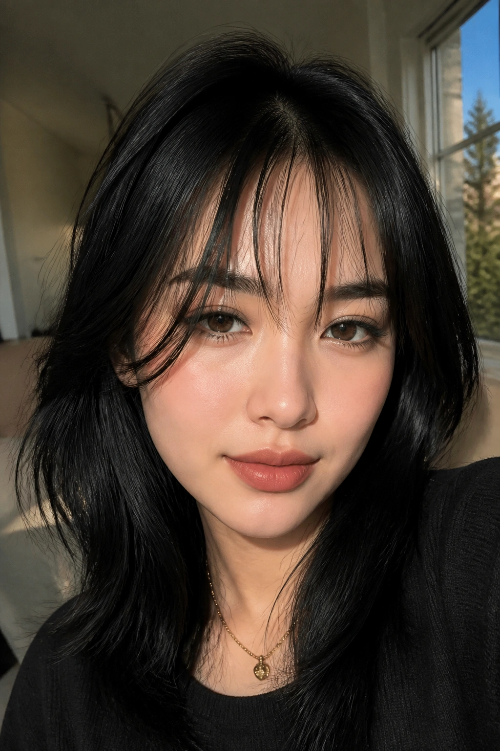 Portrait of a woman with wispy jet-black air bangs and a visible forehead space.