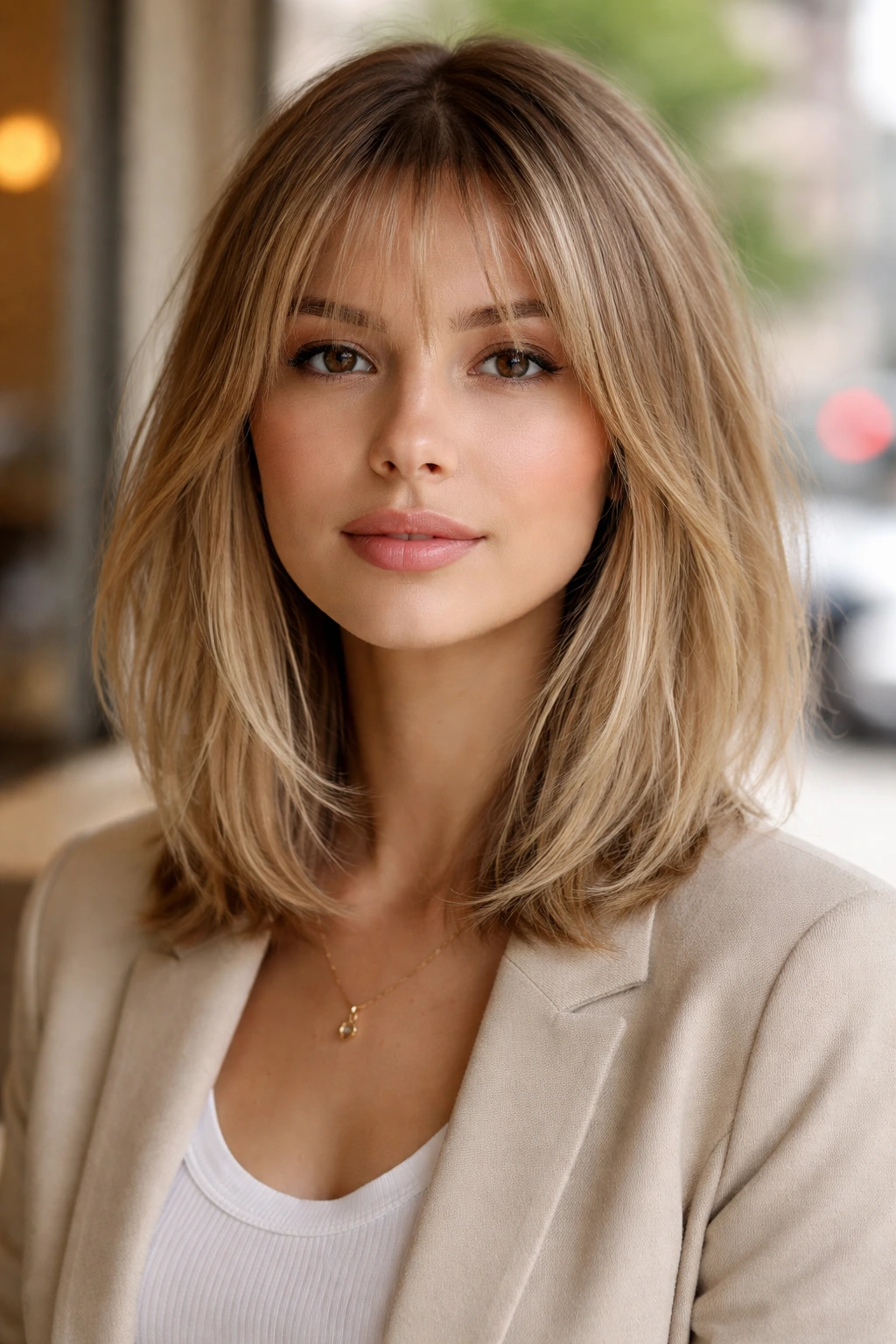 Close-up of real woman with wispy bangs lob and airy fringe