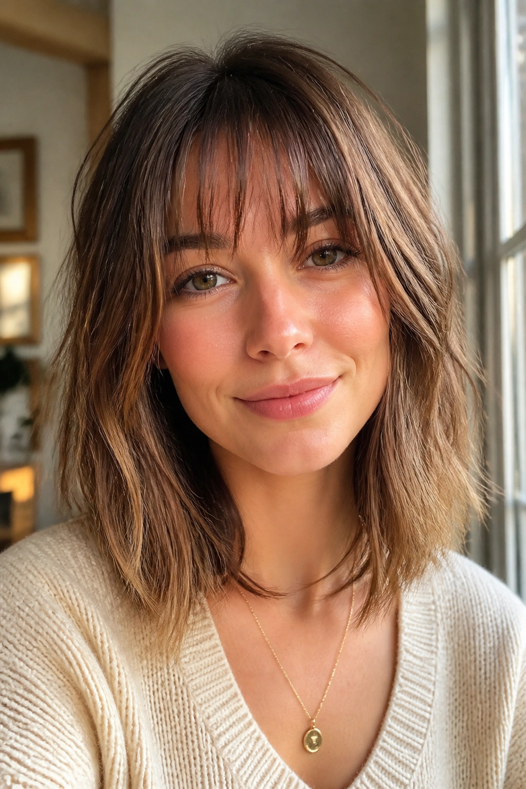 Close-up portrait of a real woman with wispy bangs and a shoulder-grazing lob, natural window light.