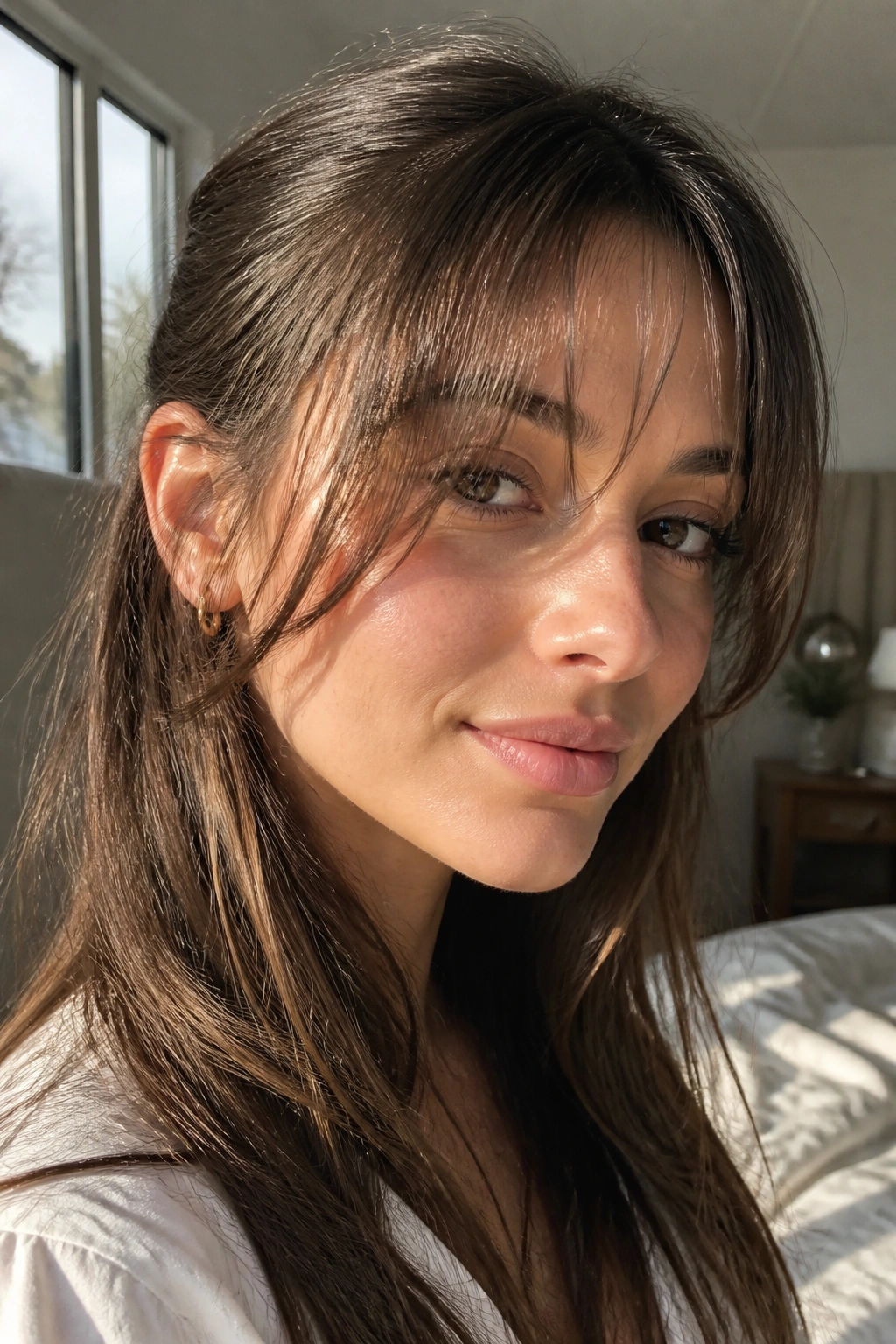 Close-up of a real woman with long wispy bangs framing the cheekbones in a sunlit bedroom.