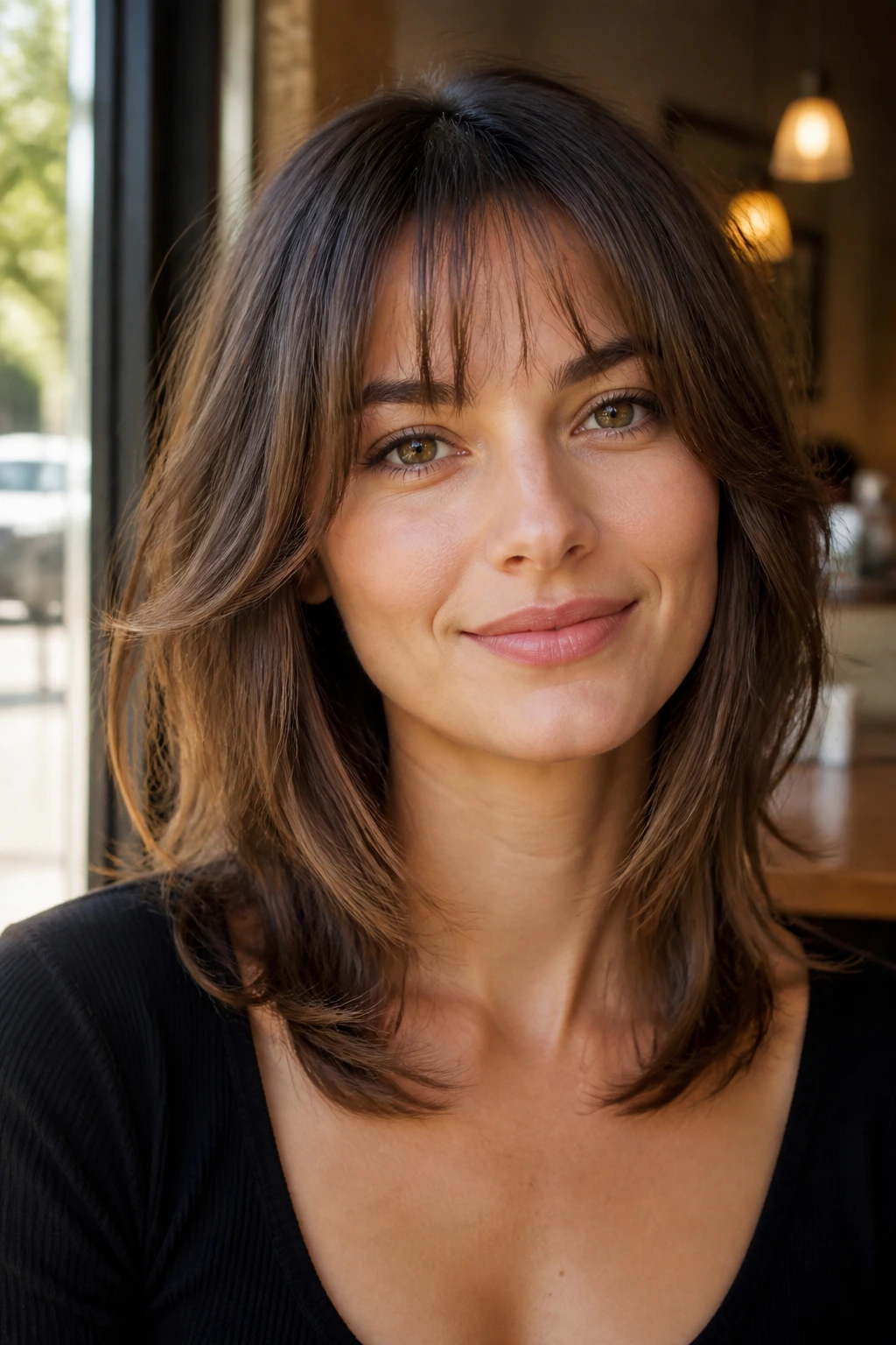 Portrait of a real person with wispy bangs and medium layers