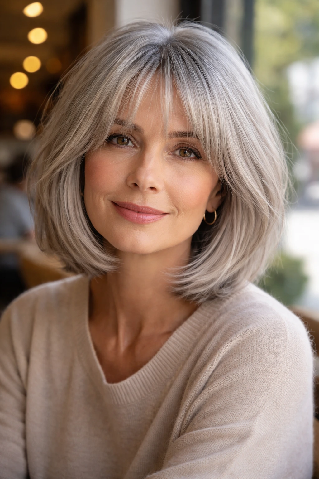 Close-up of a real woman with wispy curtain bangs and a mid-length silver bob