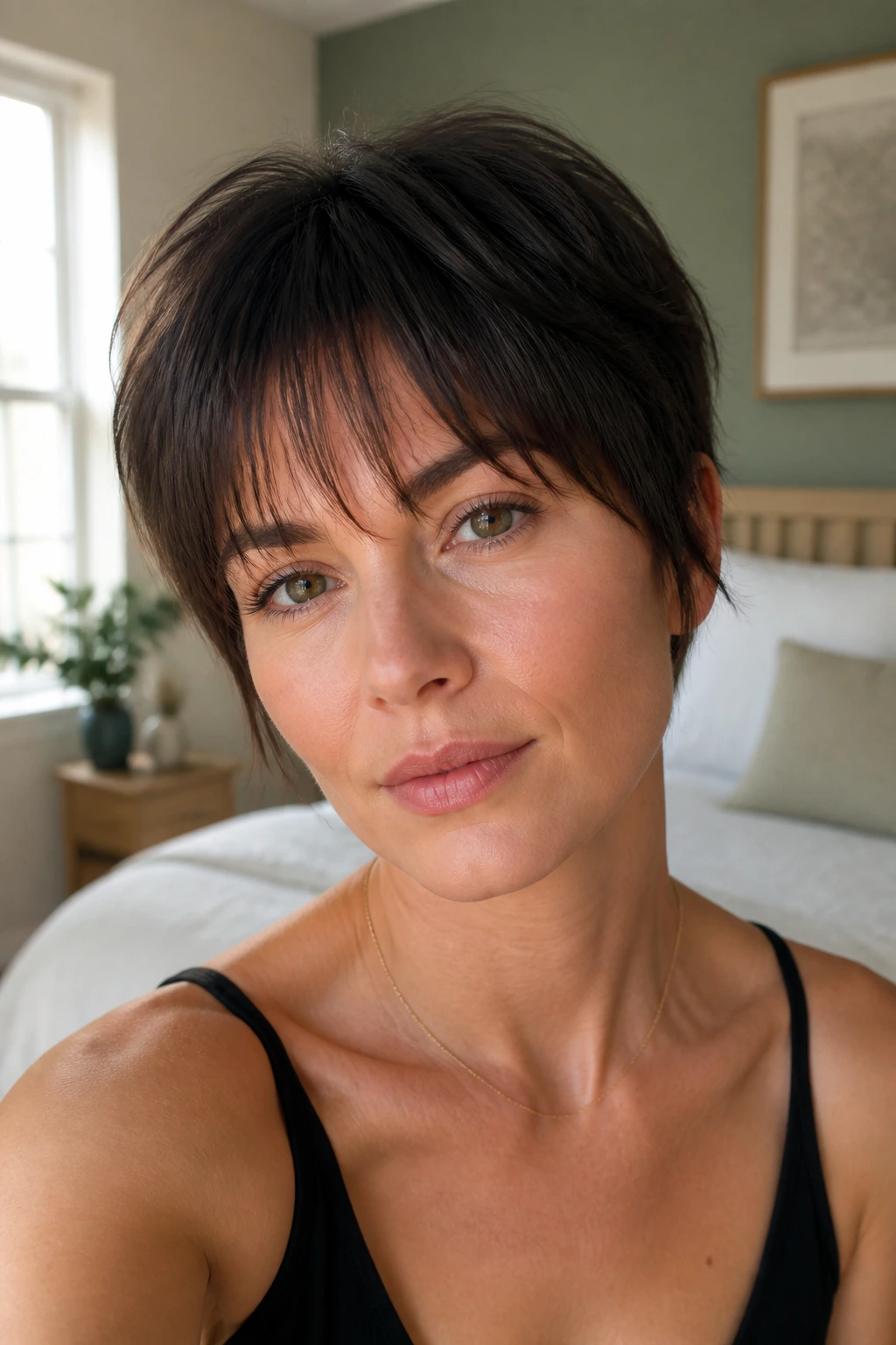 Close-up portrait of a real woman with wispy bangs pixie hairstyle