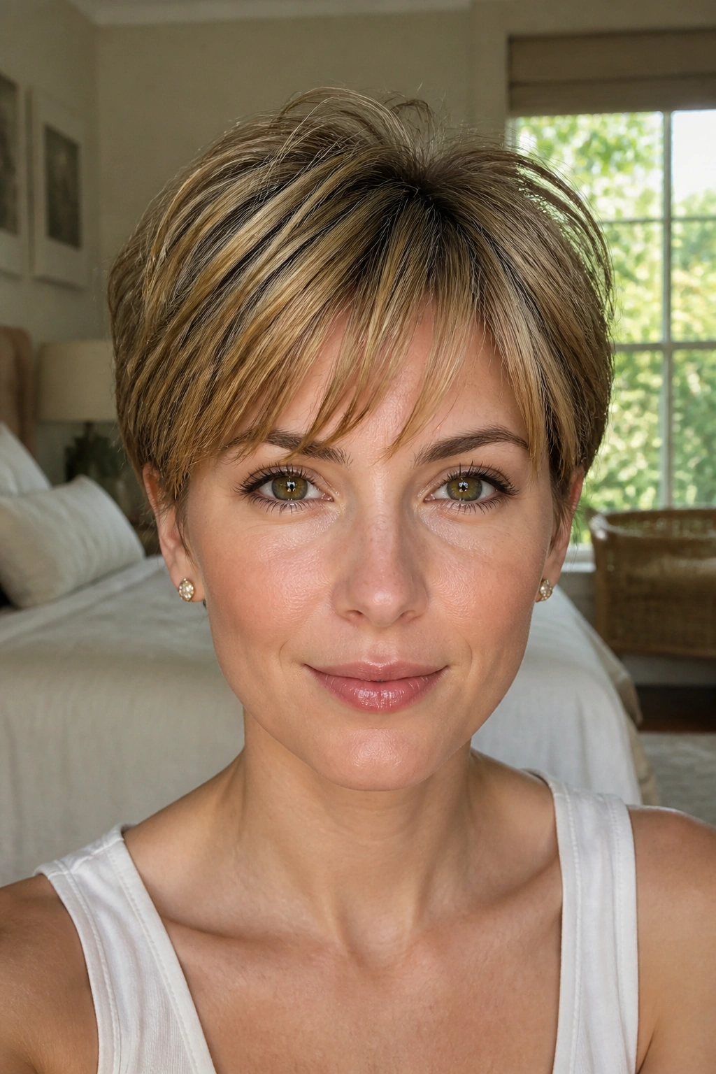 Close-up portrait of a real woman with wispy bangs in a honey pixie.