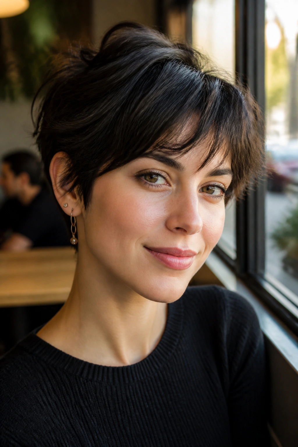 Close-up of a real woman with wispy bangs and textured pixie ends.