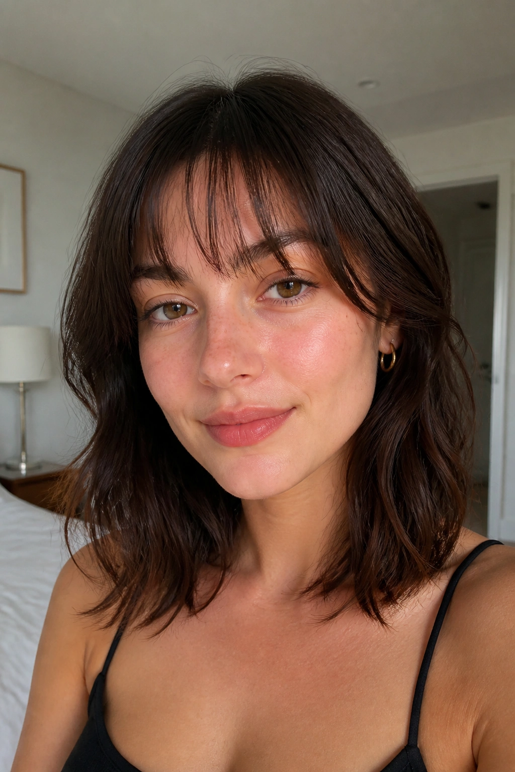 Portrait of real person with wispy brow-grazing bangs