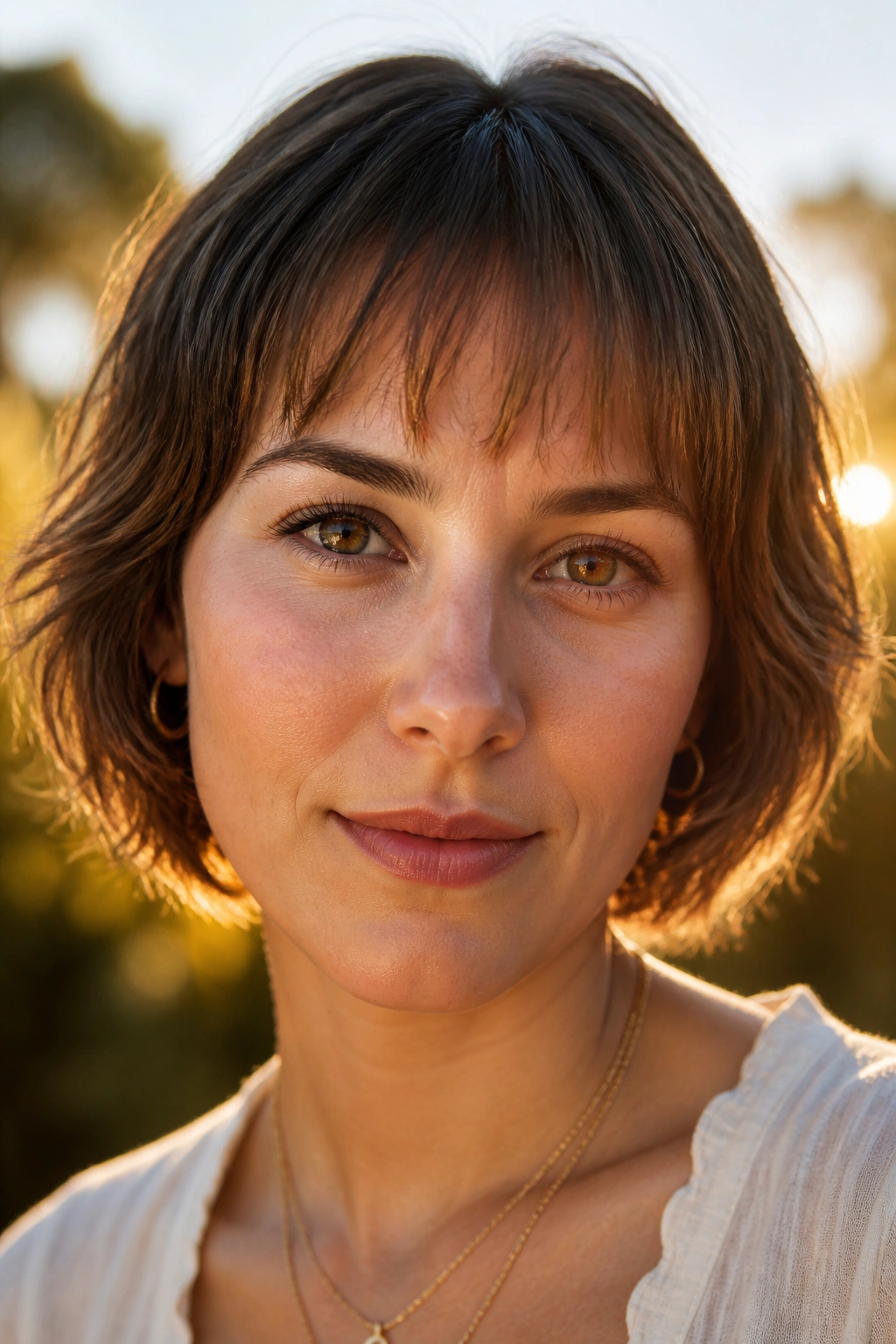Close-up of a real woman with wispy bangs near the brows outdoors at golden hour