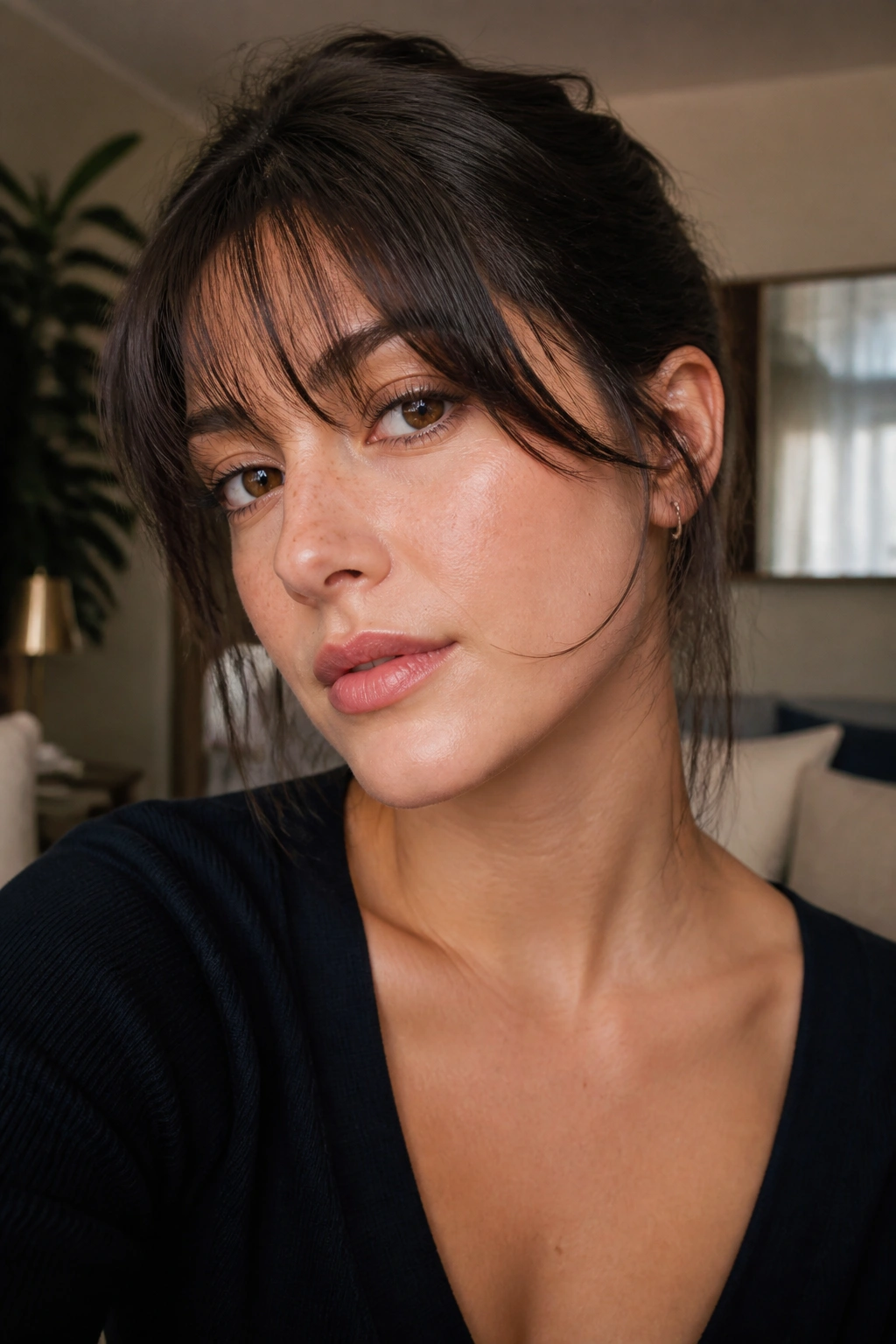 Close-up portrait of a real woman with wispy bangs hitting the cheekbone