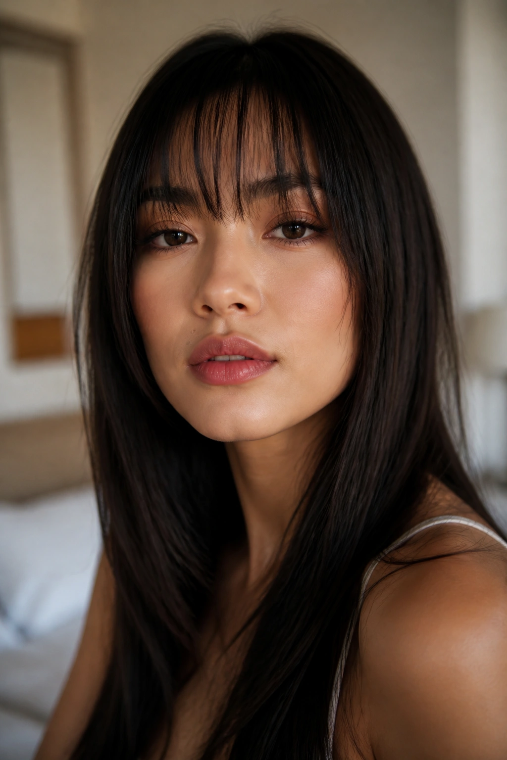 Close-up of a woman with wispy bangs grazing her brows in soft window light