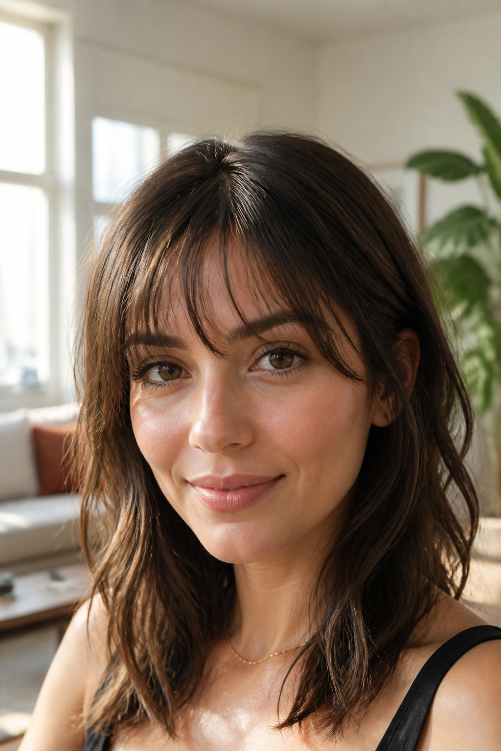 Close-up portrait of a real woman with wispy bangs in soft natural light
