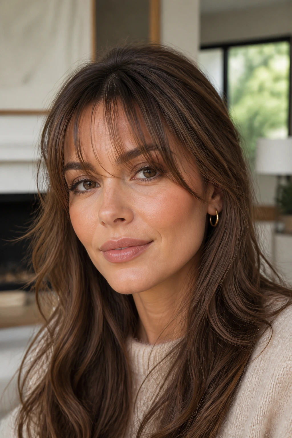 Close-up portrait of a real woman with Bardot-inspired wispy bangs