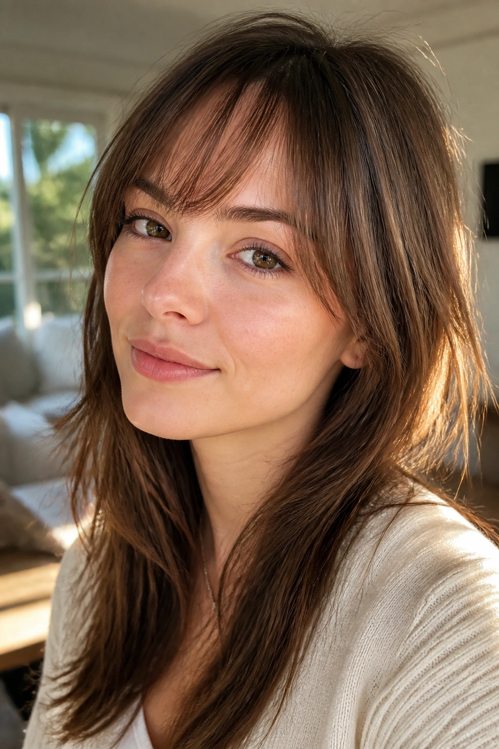 Close-up of a real person with wispy bangs that barely touch the brows.
