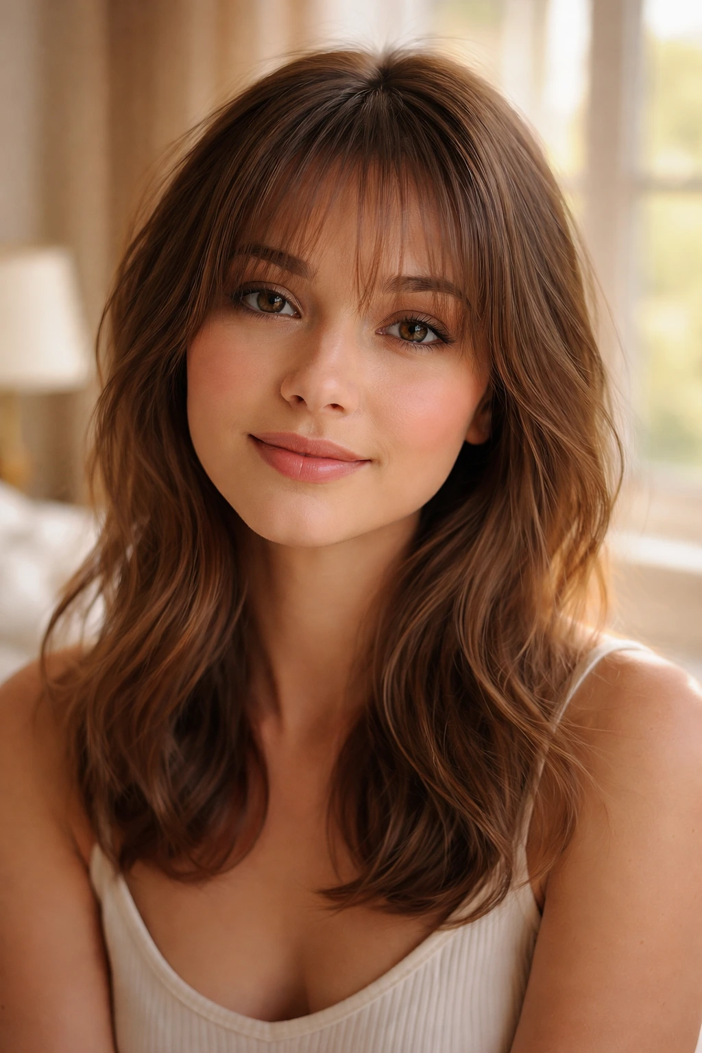 Close-up portrait of a real woman with wispy see-through bangs in warm window-light bedroom