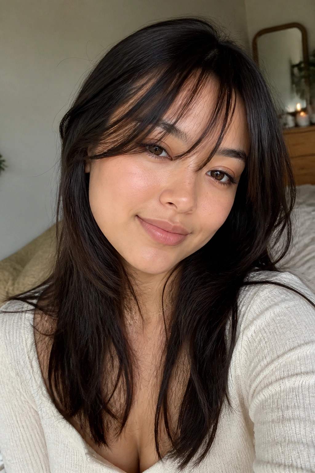 Close-up portrait of a real woman with wispy bangs on a round face