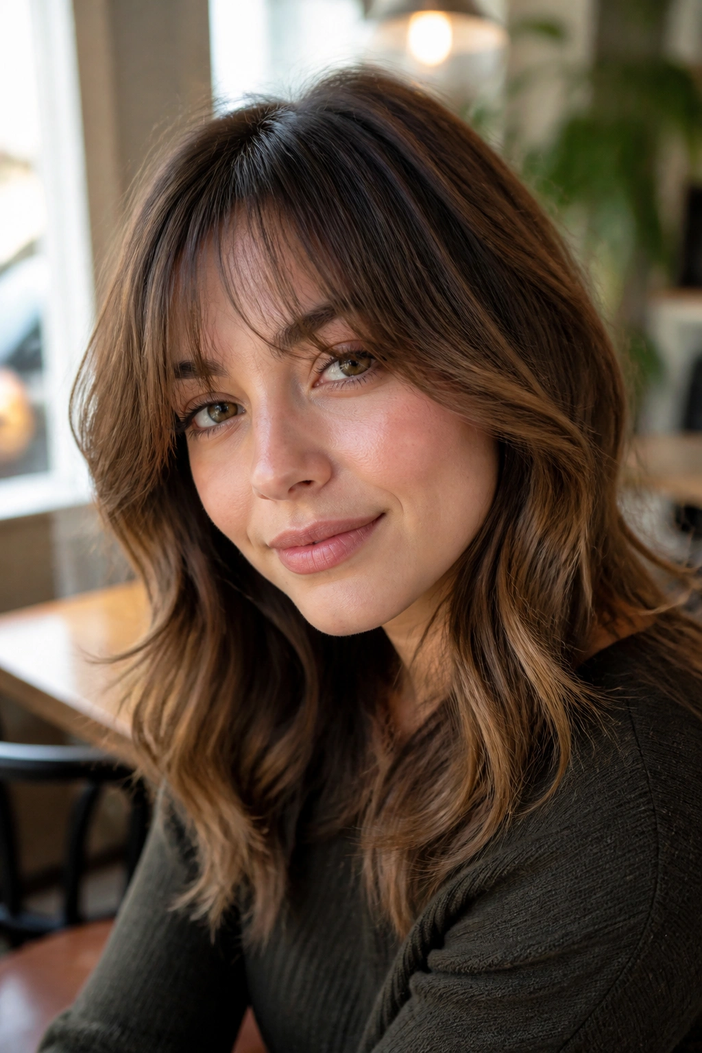 Portrait of a real woman with low-maintenance wispy bangs for round faces.