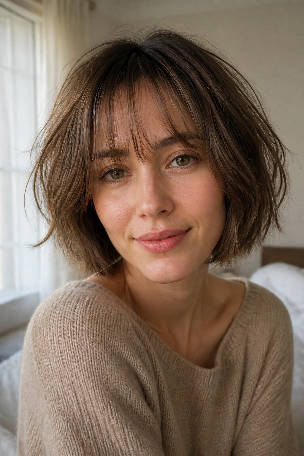 Close-up of a real woman with wispy see-through bangs bob
