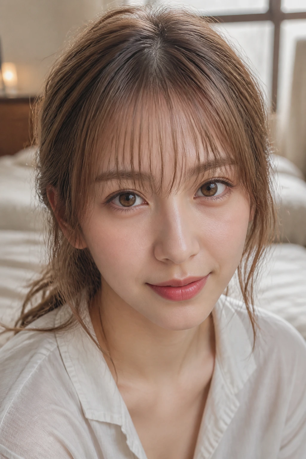 Close-up portrait of a real woman with wispy see-through bangs in warm bedroom light