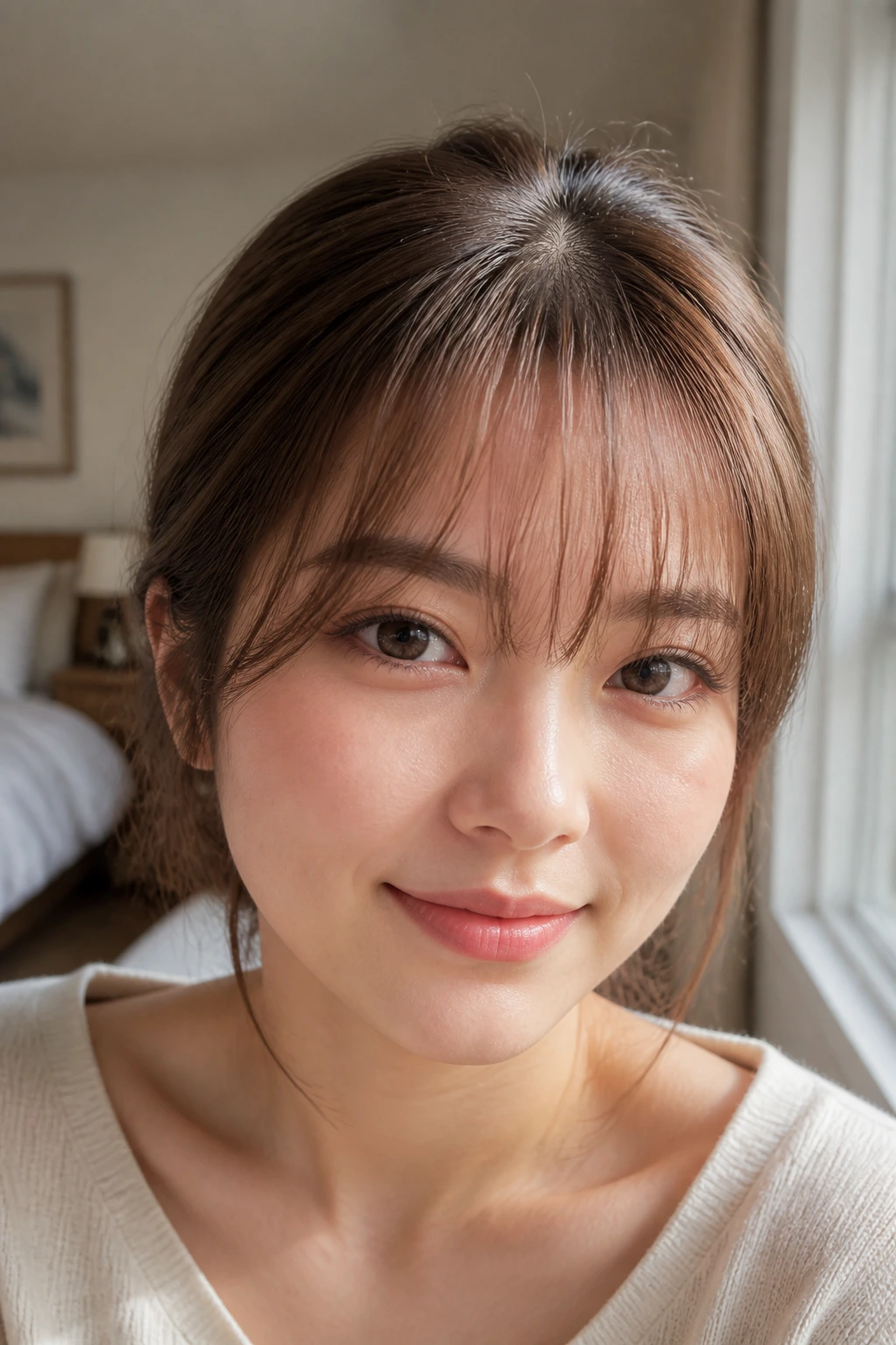 Close-up portrait of a real woman with wispy see-through bangs under soft window light