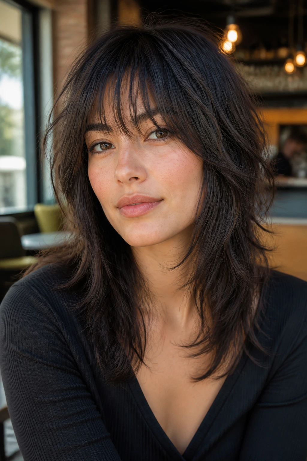 Woman with wispy bangs and shag cut in a cafe setting.