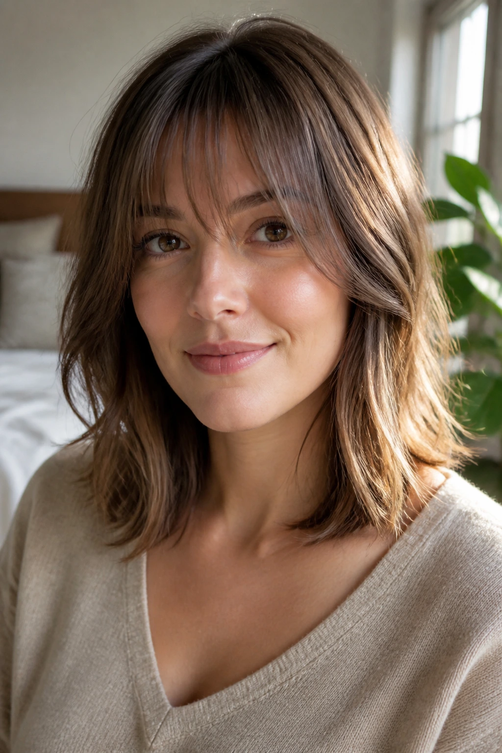 Real woman wearing wispy bangs and shoulder-length cut