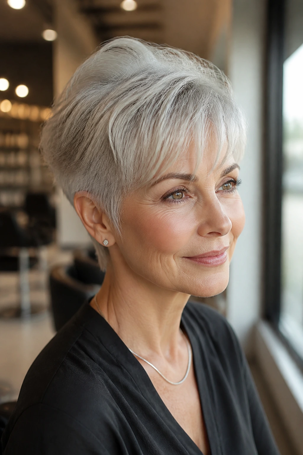 Portrait of a real woman with wispy airy bangs on a silver pixie in a sunlit salon