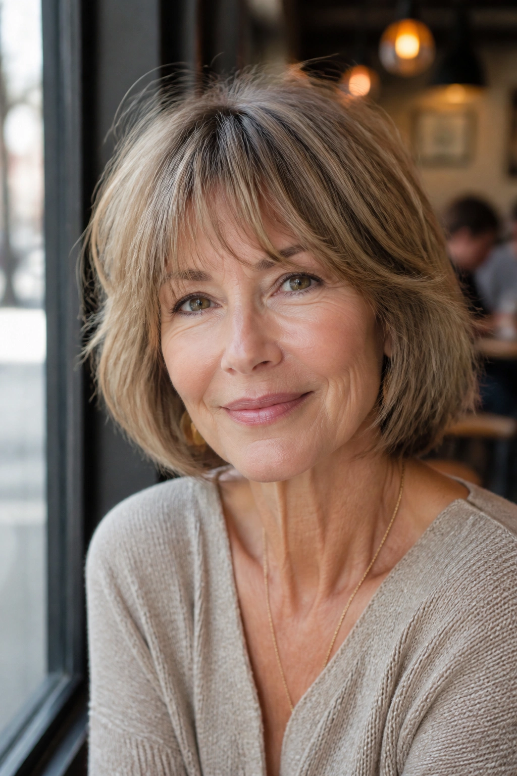 Close-up of a real woman with wispy bangs and soft bob hairstyle