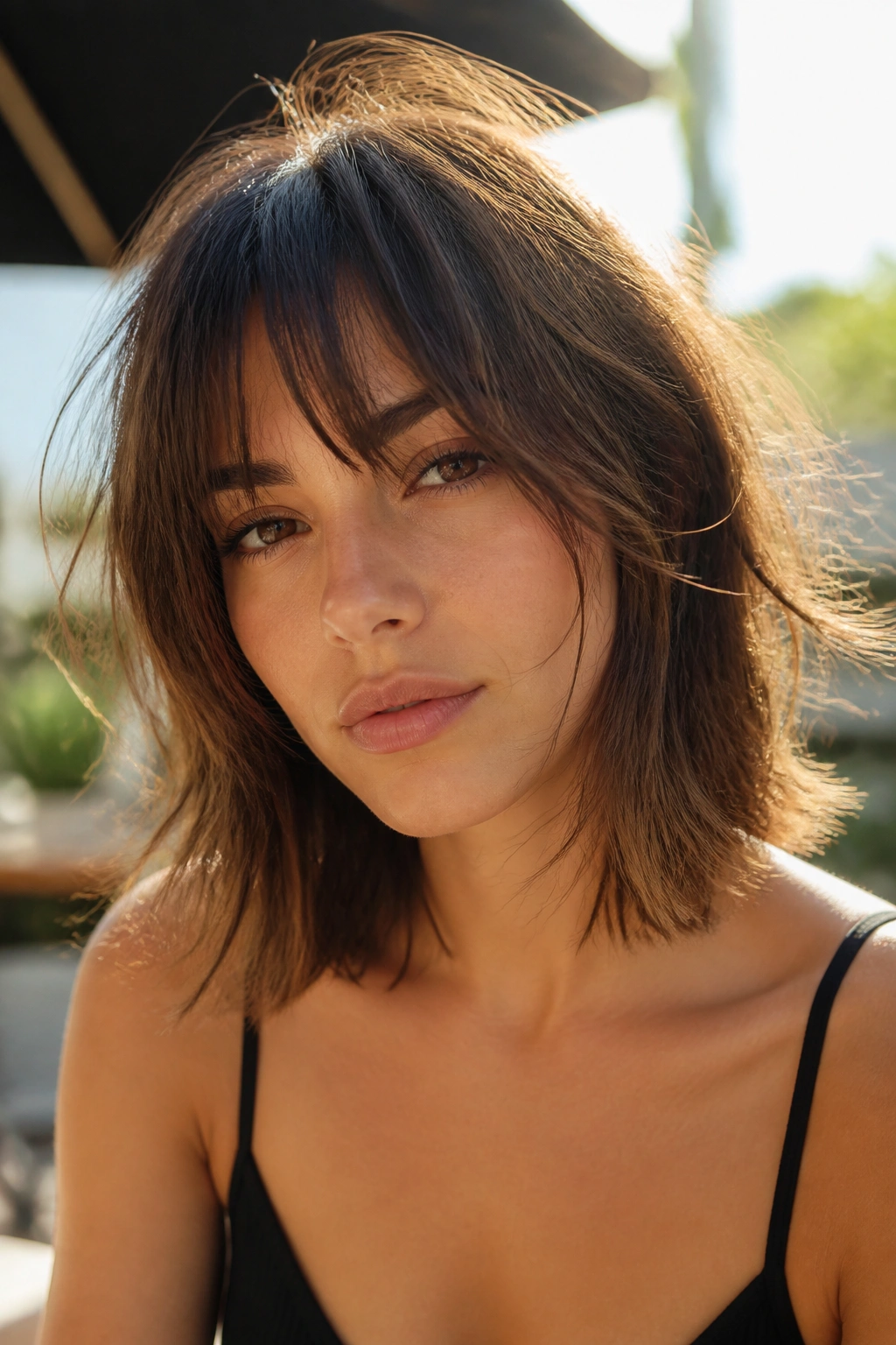 Close-up of wispy bangs and soft ends shag lob on a real person in outdoor light