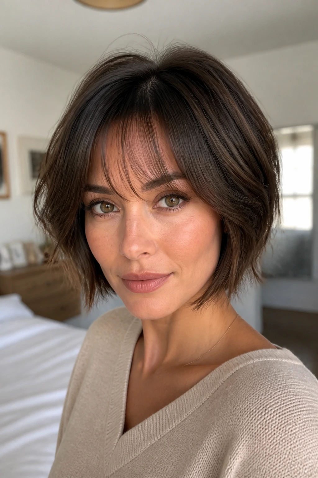 Close-up of real woman with wispy bangs and light stack, soft daylight