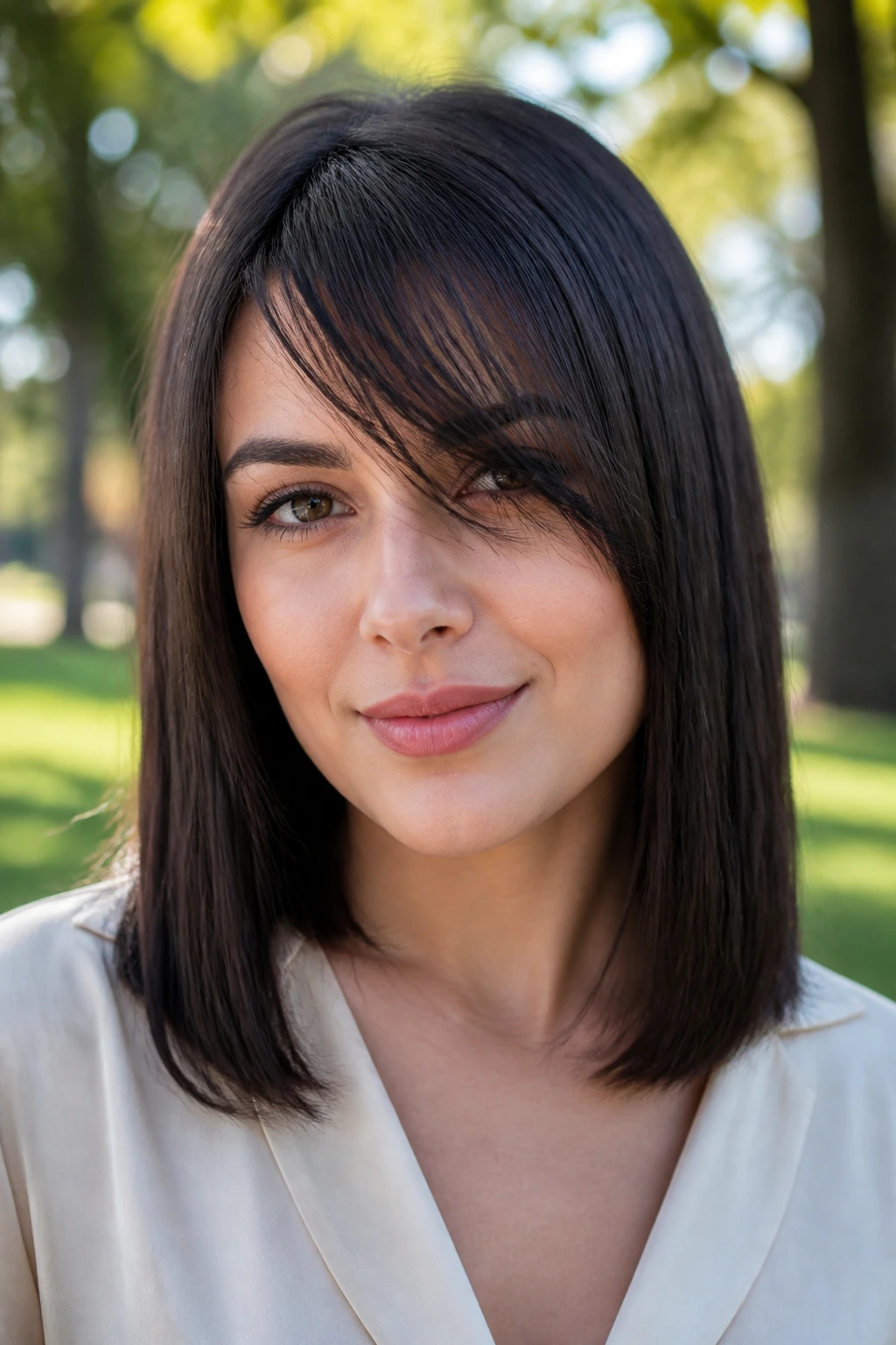 Close-up of a real woman with wispy side-swept bangs and a straight cut, round-face framing