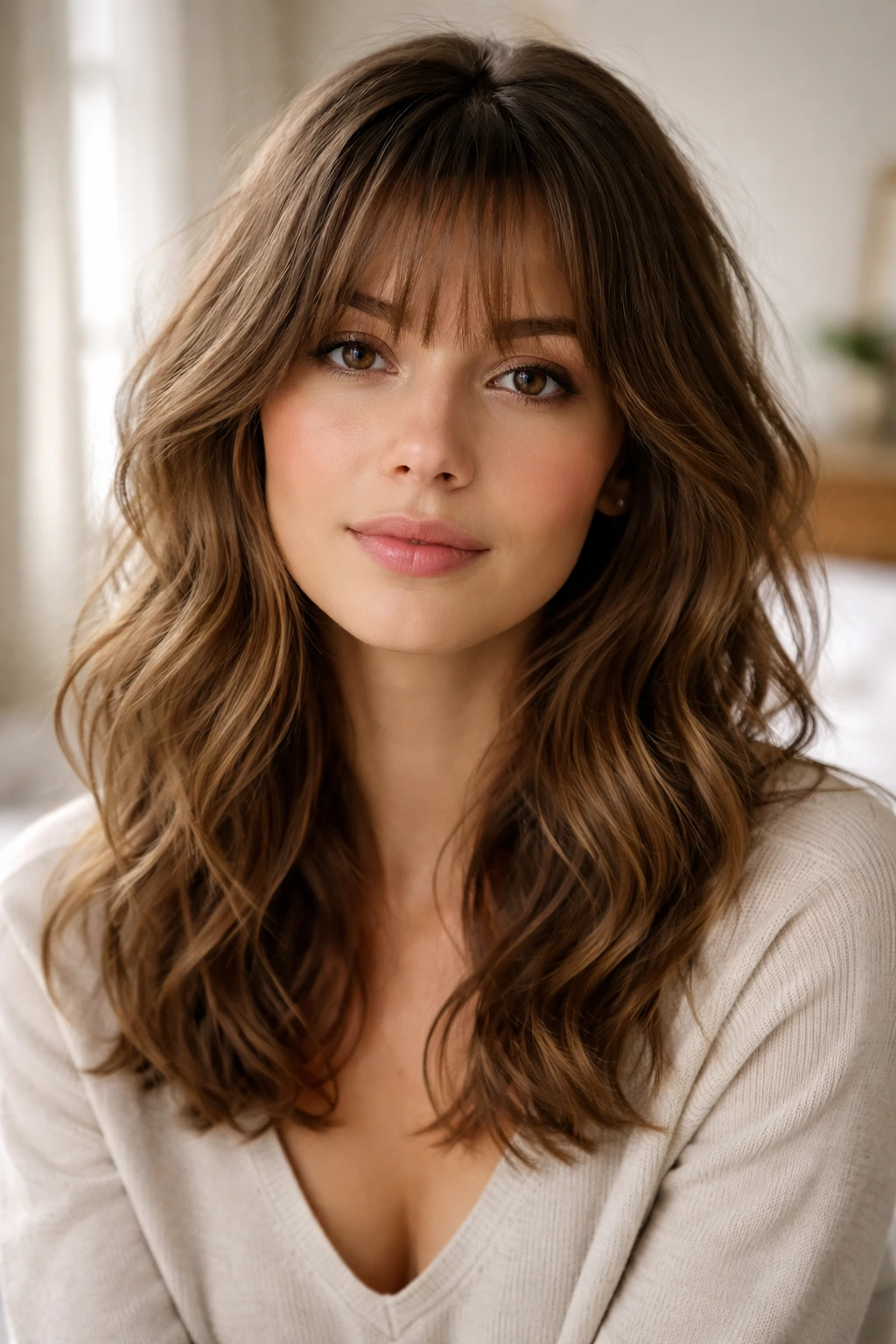Close-up portrait of real woman with wispy bangs